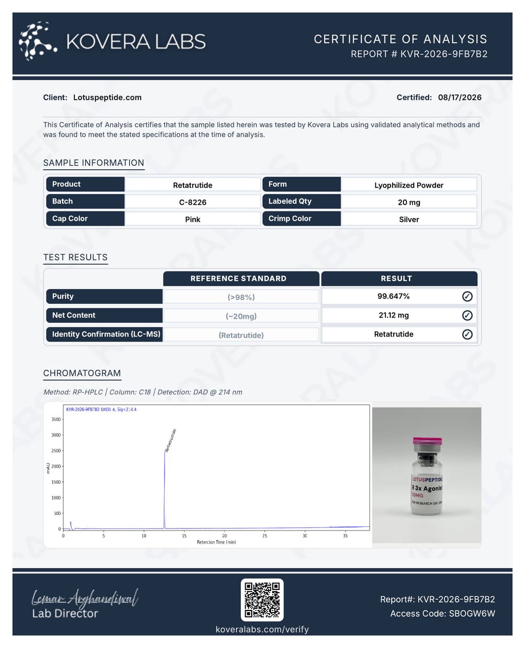 First page of the certificate of analysis for G3-RT 20mg batch C-8226