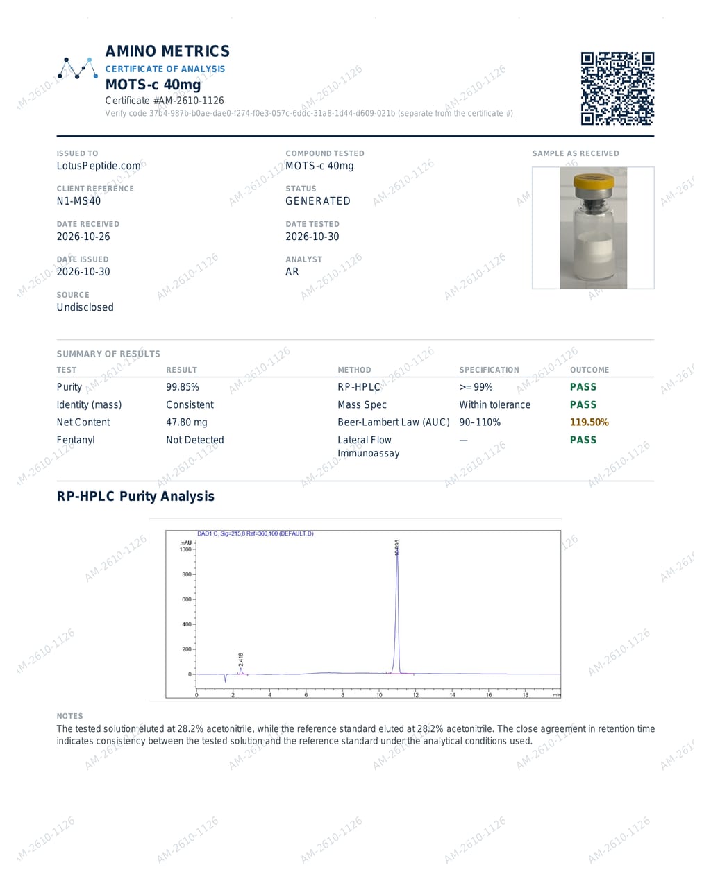 First page of the certificate of analysis for MOTS-C 40mg batch N1-MS40