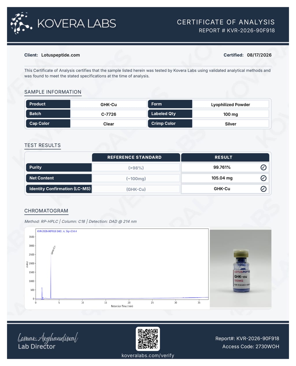 First page of the certificate of analysis for GHK-Cu 100mg batch C-7726