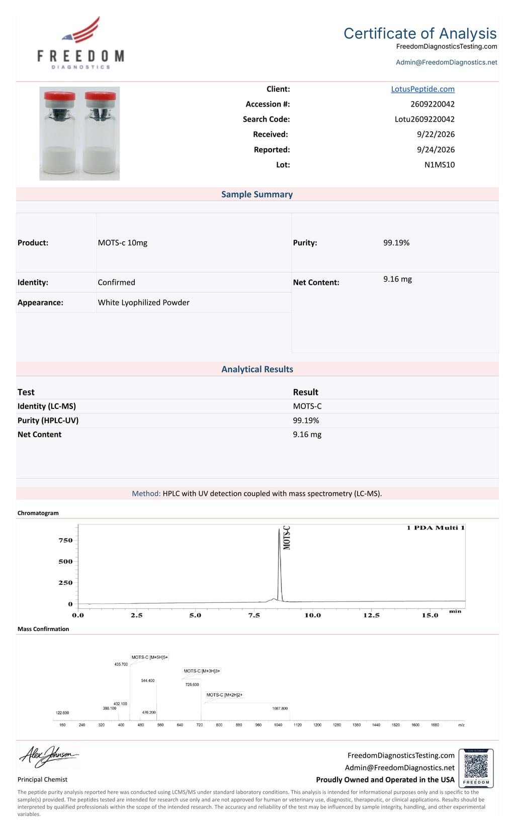 First page of the certificate of analysis for MOTS-C 10mg batch N1MS10