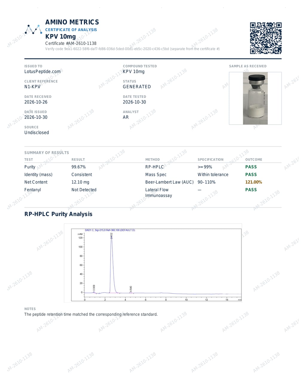 First page of the certificate of analysis for KPV 10mg, batch N1-KPV